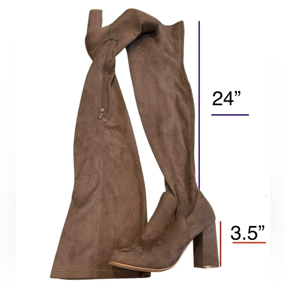 Womens Taupe Suede Over The Knee Block Heel Boots Fashion Footwear Size 9